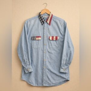 Chambray Blue Denim Shirt with Flag Accents Shaper Image Large